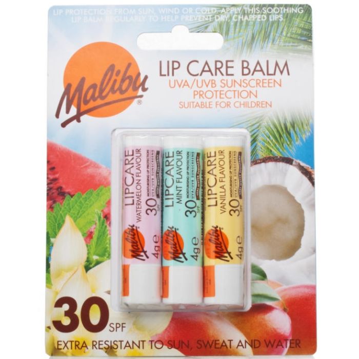 Malibu Lip Care Balm SPF 30 (3 x 4g Mixed Pack) WATERMELON/VANILLA/TROPICAL